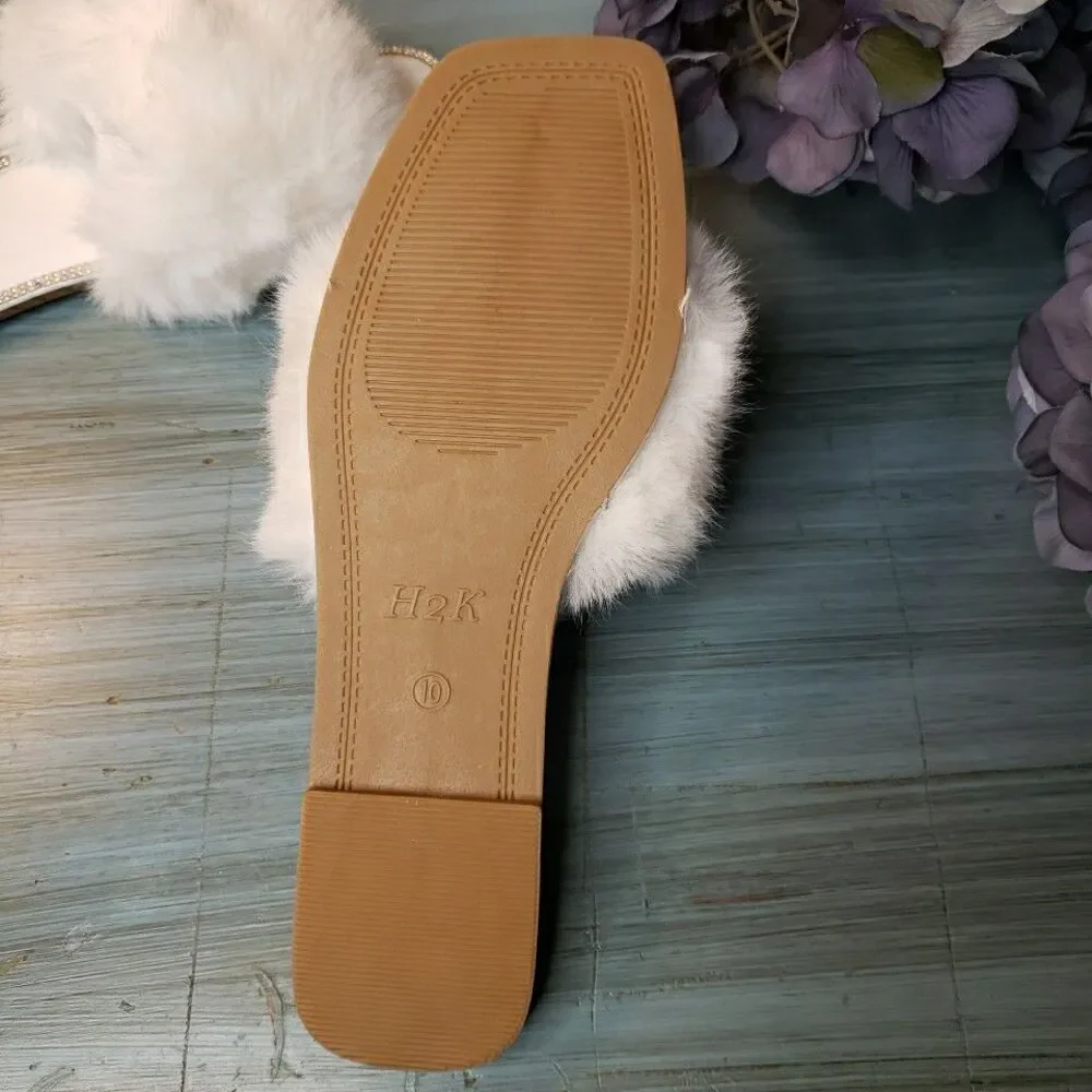 Faux Fur Rhinestone Slides Sandals Slippers Wedding Fuzzy Bling Cute Women Sz 10 - Picture 8 of 16